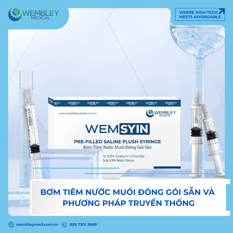 So sánh bơm tiêm nước muối đóng gói sẵn sử dụng một lần với phương pháp truyền thống (bình nước muối + xi lanh + kim tiêm) về tính an toàn, tiện dụng, kinh tế và năng suất